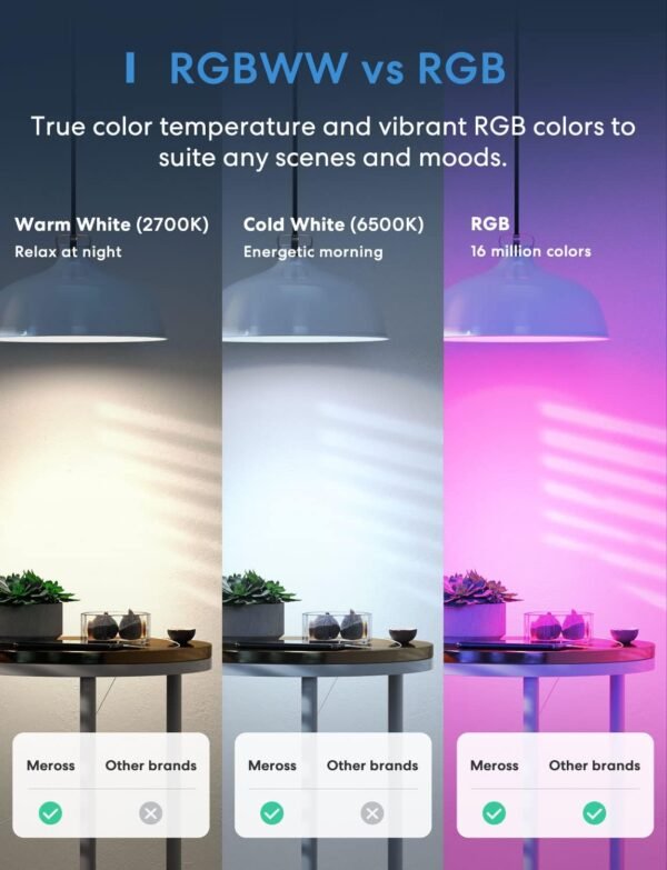 meross Smart Light Bulb, Smart WiFi LED Bulbs Compatible with Apple HomeKit, Siri, Alexa, Google Assistant and SmartThings, Dimmable E26 Multicolor 2700K-6500K RGB, 810 Lumens 60W Equivalent - Image 6