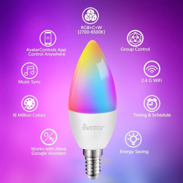 6 Pack E12 Smart Bulbs, Alexa WiFi Candelabra Smart Light Bulbs 5W 2700K-6500K Color Changing Dimmable RGBCW, Music Timer Ceiling Fan Smart B11 Candle Base Small LED Light Bulb, 2.4GHz WiFi - Image 2