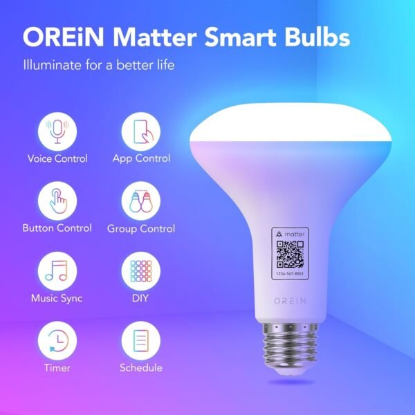 OREiN Matter Smart Light Bulb, BR30 Smart Light Bulbs 650LM 60W, Recessed Color Changing Bulbs RGBTW, Smart Flood Light Bulb Compatible with Alexa, Apple Home, Google Home, SmartThings, 4Pack - Image 2