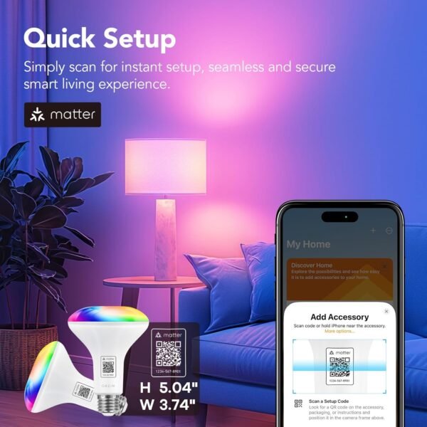 OREiN Matter Smart Light Bulb, BR30 Smart Light Bulbs 650LM 60W, Recessed Color Changing Bulbs RGBTW, Smart Flood Light Bulb Compatible with Alexa, Apple Home, Google Home, SmartThings, 4Pack - Image 3