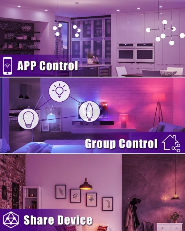 6 Pack E12 Smart Bulbs, Alexa WiFi Candelabra Smart Light Bulbs 5W 2700K-6500K Color Changing Dimmable RGBCW, Music Timer Ceiling Fan Smart B11 Candle Base Small LED Light Bulb, 2.4GHz WiFi - Image 4