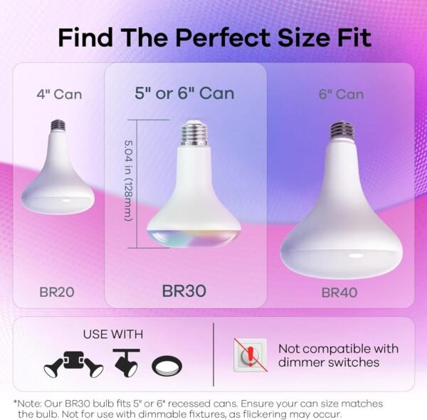 OREiN Matter Smart Light Bulb, BR30 Smart Light Bulbs 650LM 60W, Recessed Color Changing Bulbs RGBTW, Smart Flood Light Bulb Compatible with Alexa, Apple Home, Google Home, SmartThings, 4Pack - Image 6