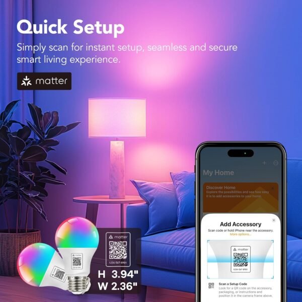 OREiN Matter Smart Light Bulb, Smart Light Bulbs Work with Apple Home, Alexa, Google Home, SmartThings, A19 Color Changing Light Bulbs 2.4Ghz WiFi, 800 Lumens Equivalent 60W 2Pack - Image 2