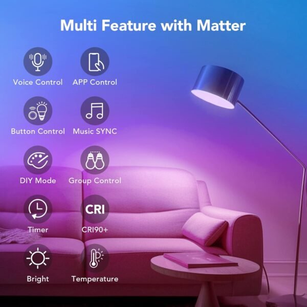 OREiN Matter Smart Light Bulb, Smart Light Bulbs Work with Apple Home, Alexa, Google Home, SmartThings, A19 Color Changing Light Bulbs 2.4Ghz WiFi, 800 Lumens Equivalent 60W 2Pack - Image 7