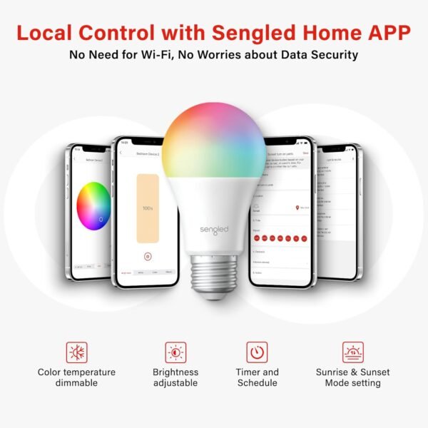 Sengled Dual Mode Smart Light Bulbs with Remote & App Control, Color Changing Light Bulbs, RGBW LED Light Bulbs 2700K-6500K Dimmable, 60W Equiv, Group control, Timing, Sunrise & Sunset (4P, No Remote) - Image 3