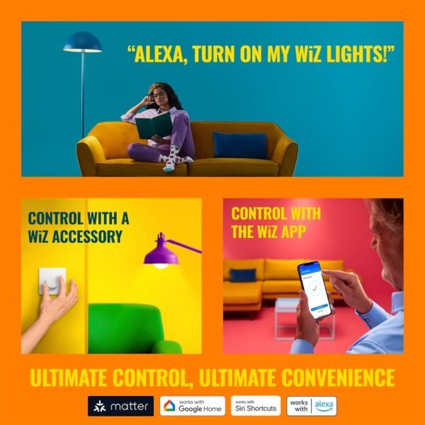 WiZ 60W A19 Color LED Smart Bulb - Pack of 3 - E26- Indoor - Connects to Your Existing Wi-Fi - Control with Voice or App + Activate with Motion - Matter Compatible - Image 6