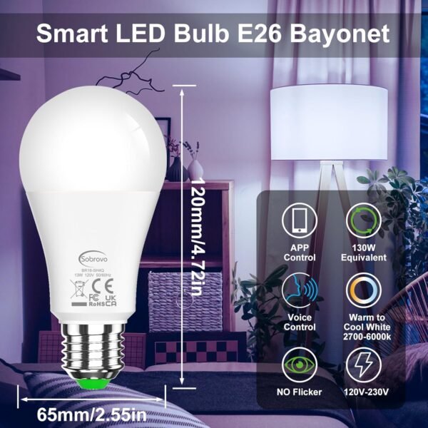 Alexa Led Light Bulbs, A19 E26 Base Smart Bulb, 130W Equivalent, Warm White to Daylight, 13 Watt Bluetooth Remote Control Light Bulb,Energy Saving,for Kitchen Bedroom Indoor,6PC - Image 2