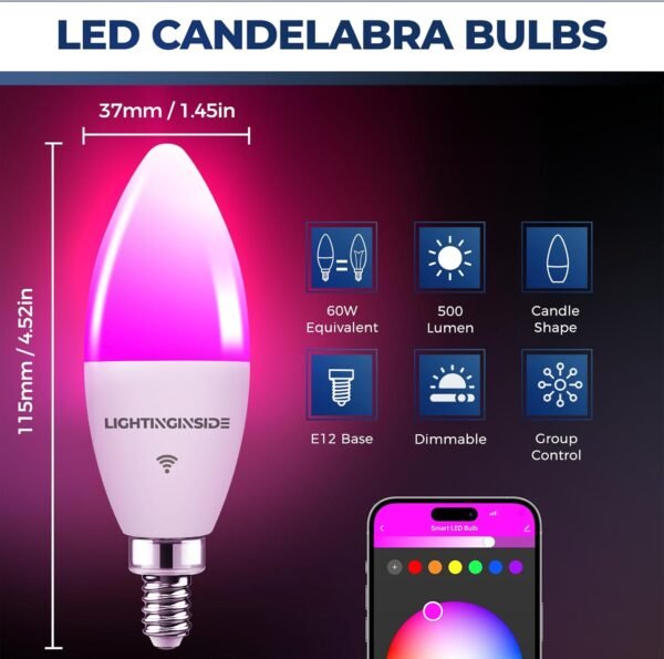 Candelabra Smart Light Bulbs 60W Equivalent, 500LM 6W E12 LED Bulb Compatible with Alexa/Google Home, RGBCW Candle Bulb for Chandelier, No Hub Required, 2.4G WiFi Only, ETL Listed, 2PCS - Image 2