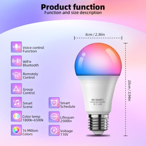 Smart Light Bulbs 2Pack, Color Changing Light Bulb Works w/Alexa Google Home, 9W A19 E26 800LM RGBTW Colored LED Bulbs, 50+ DIY Scenes, Music Sync, App & Voice Control WiFi Light Bulbs - Image 7