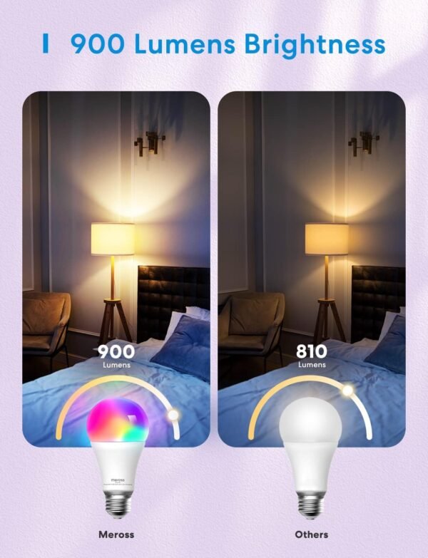meross Smart Light Bulb, Smart WiFi LED Bulbs Compatible with Apple HomeKit, Siri, Alexa & Google Home, E26 2700K-6500K, 900 Lumens RGBWW 60W Equivalent, 1 Pack - Image 6