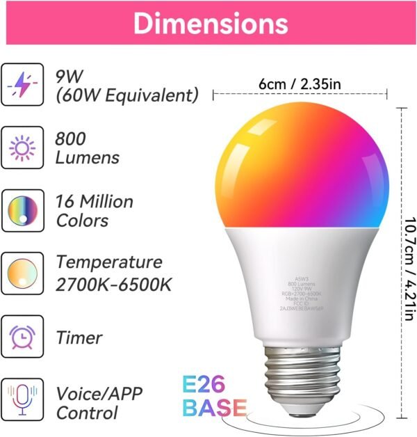 TJOY Smart Led Bulbs 9W(60W Equivalent), A19 E26 800LM, WiFi Light Bulb Compatible with Alexa&Google Home,Color Changing Bulb(2.4Ghz only) 4 Pack - Image 2