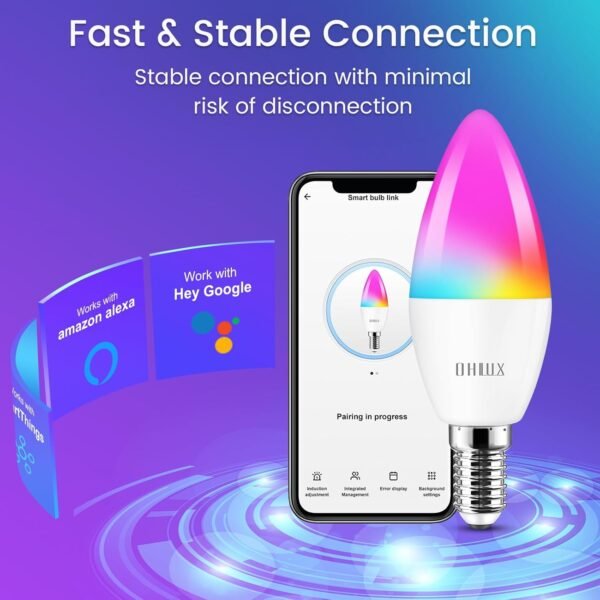 OHLUX Smart Candelabra LED Light Bulbs, 4W 40W Equivalent E12 Base, Compatible with Alexa Google Assistant, Color Changing Bulbs with 16 Million Colors, 2.4GHz WiFi, 4 Pack - Image 4