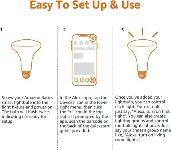 Amazon Basics Smart BR30 LED Light Bulb, Dimmable Soft White (2700K), 60W Equivalent, 800LM, Works with Alexa Only, 2.4 GHz Wi-Fi, No Hub Required, 4 Pack - Image 5