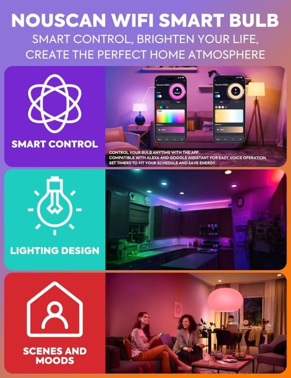 Smart Light Bulbs, Color Changing Light Bulb, A19 Dimmable 75W Equivalent, 11W Soft White WiFi LED Light Bulbs, Compatible with Alexa, Google Assistant and Smart Life, 4 Pack - Image 2