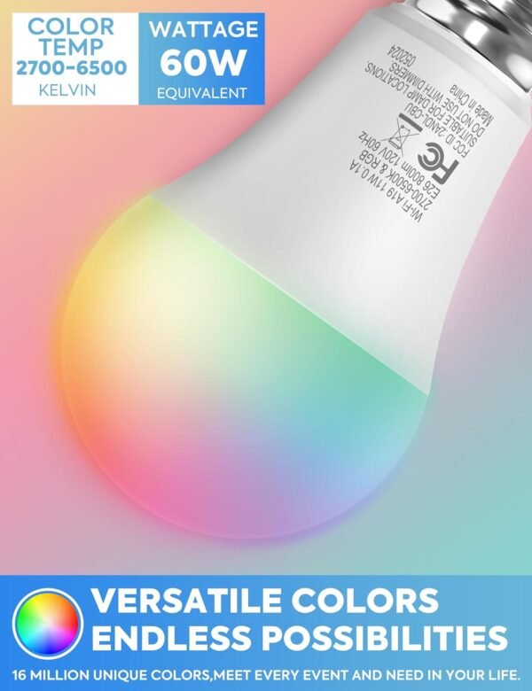 Smart Light Bulbs, Color Changing Light Bulb, A19 Dimmable 75W Equivalent, 11W Soft White WiFi LED Light Bulbs, Compatible with Alexa, Google Assistant and Smart Life, 4 Pack - Image 3