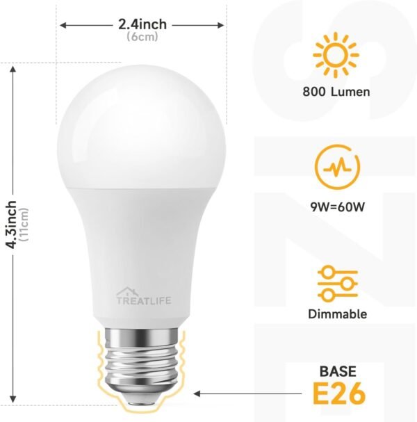 TREATLIFE Smart Light Bulbs 4Pack, 2500K-6500K Tunable White Dimmable LED Light Bulb Compatible with Alexa and Google Home, 2.4GHz WiFi Smart Bulb, 800LM, E26 A19 9W, No Hub Required - Image 2