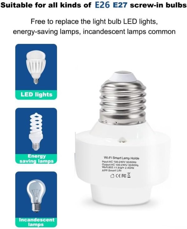 QIACHIP Smart Wifi Light Bulb Socket Adapter E26 Lamp Holder,Compatible with Alexa and Google Home,use Smart Life APP Control,Maximum output power 500 Watts - Image 3