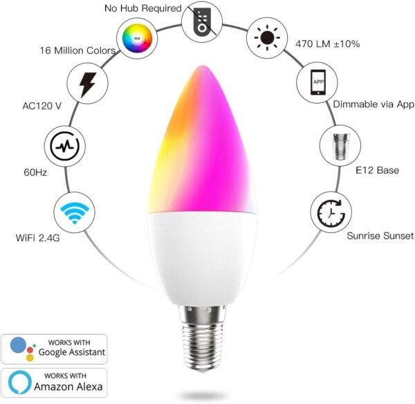 MoesGo Smart Candelabra Led Light Bulbs, WiFi E12 Smart Bulbs, 2700K-6500K CW& RGB Dimmable, Smart Life/Tuya APP Remote Control, Work with Alexa/Google Home, 470lm 5W (40W Equivalent) 2 Pack No Hub - Image 2