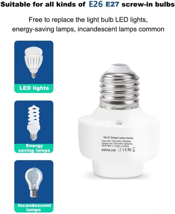 QIACHIP Smart WiFi Bulb Socket E26 E27 Light Bulb Adapter,Wireless Smart 2.4G Remote Control Lamp Base Holder,eWeLink APP Remote Timer and Group Control,Voice Control with Alexa and Google - Image 4