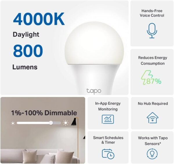 Tapo TP-Link Smart Light Bulbs - Natural Daylight, Dimmable, Compatible w/Alexa and Google Home, A60 Bulb/E27 Base, 60W Equivalent, 800LM CRI>90, 2.4GHz WiFi Only, No Hub Required, L520E(4-Pack) - Image 2