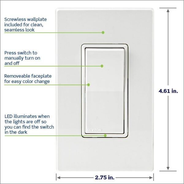 Leviton Decora Smart Switch, Wi-Fi 2nd Gen, Neutral Wire Required, Works with Matter, My Leviton, Alexa, Google Assistant, Apple Home/Siri & Wired or Wire-Free 3-Way, D215S-1RW, White - Image 5