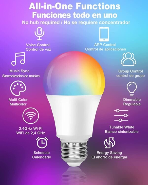 Smart Light Bulbs,Color Changing Light Bulbs That Work with Alexa and Google Assistant,2.4GHz WiFi & Bluetooth Music Sync Multicolor LED Bulbs,7W(60W Eqv.) E26 A19 for Smart Home Lighting-4PACK - Image 4