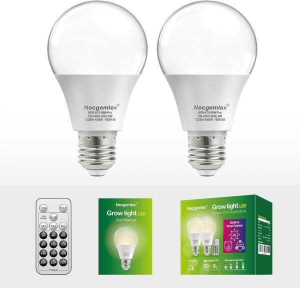 Smart LED Grow Light Bulbs with Remote Controller, Sun Mode, Built-in Daily Auto Timer, 4500K, A21/A70 E26/E27 9W Dimmable Full Spectrum Grow Bulbs for Indoor Plants, 2 Pack - Image 6