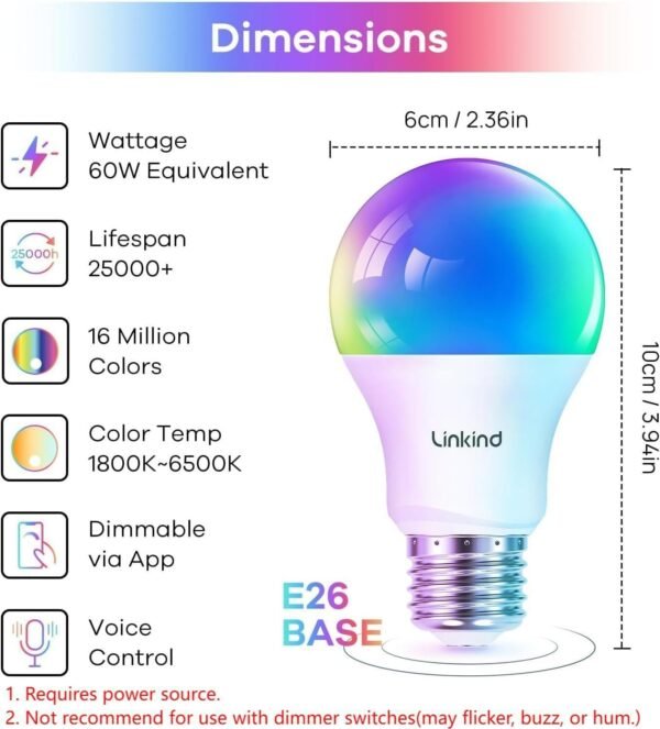 Linkind Smart Light Bulbs with Remote Control, Smart Bulb That Work with Alexa & Google Home, 16 Million Color Changing Light Bulbs 60W, A19 E26 2.4Ghz WiFi Light Dimmable,1800K-6500K,800lm 4 Pack - Image 7