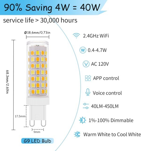 2Pack Dimmable Wi-Fi Smart LED Bulbs with G9 Base,Compatible with Amazon Alexa and Google Assistant-Warm to Cool White(2700K-6000K),Adjustable Brightness From 1%-100% (120V,0.4-4.7W,40LM-450LM） - Image 2