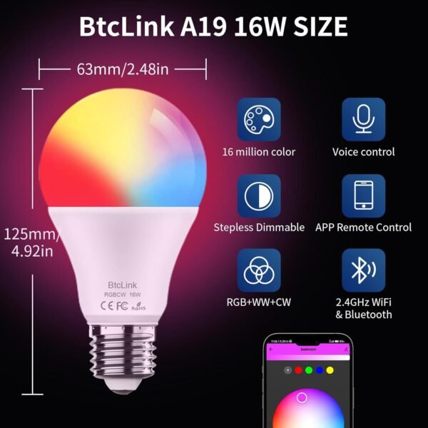 Smart LED Light Bulbs 150W Equivalent, 1600LM 16W Alexa Light Bulbs, A19 E26 Ultra Bright Color Changing Light Bulbs, 2.4 GHz WiFi Dimmable Light Bulbs Compatible with Alexa, Google 4 Packs(Upgrated) - Image 9