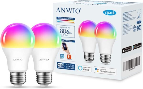 ANWIO 2-Pack Smart Light Bulbs 8.5W (60W Replacement) A19 E26 LED Bulb Work with Alexa, Google Assistant, Smart Life App, Tuya App, Color Changing, No Hub Required - Image 2