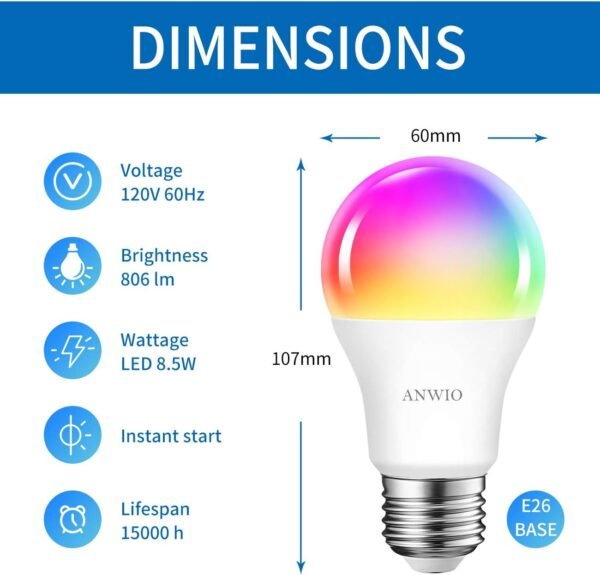 ANWIO 2-Pack Smart Light Bulbs 8.5W (60W Replacement) A19 E26 LED Bulb Work with Alexa, Google Assistant, Smart Life App, Tuya App, Color Changing, No Hub Required - Image 3