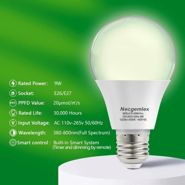 Smart LED Grow Light Bulbs with Remote Controller, Sun Mode, Built-in Daily Auto Timer, 4500K, A21/A70 E26/E27 9W Dimmable Full Spectrum Grow Bulbs for Indoor Plants, 2 Pack - Image 2