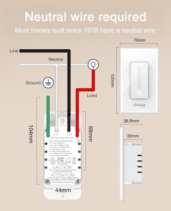 Ghome Smart Dimmer Switch Single Pole 2.4GHz Wi-Fi Smart Switch Dimmer Smart Light Switch Dimmer WiFi Switch Smart Dimmer Light Switch Compatible with Alexa and Google Home, White 1 Pack - Image 8