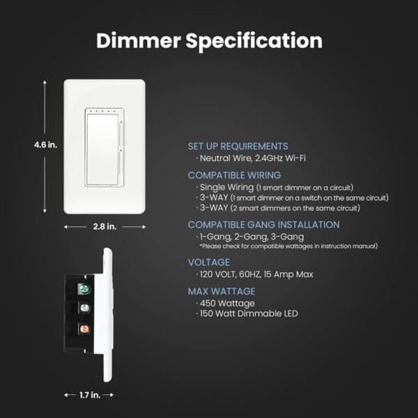 Feit Electric Smart Dimmer Switch, Neutral Wire Required for Installation, Compatible with Amazon Alexa and Google Assistant, Smart Dimmer Light Switch, White, Model:DIM/WiFi - Image 2