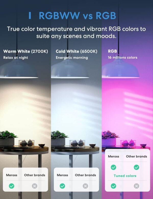 Meross Smart Light Bulb, Smart WiFi LED Bulbs Works with Alexa, Google Home, Dimmable E26 Multicolor 2700K-6500K RGBWW, 810 Lumens 60W Equivalent, No Hub Required, 2 Pack - Image 4
