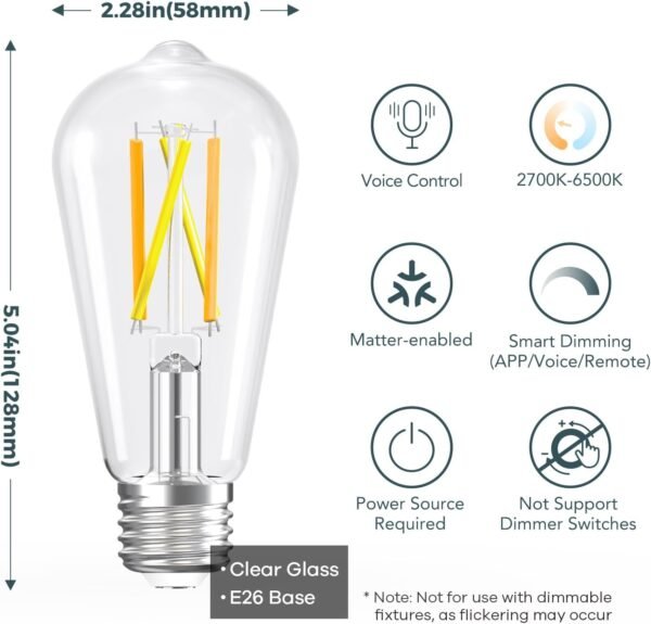 Linkind Matter Smart Light Bulb, ST19 (ST58) Smart Edison Bulbs, 2700K-6500K E26 LED Bulb 8W 60W, 800LM Edison Light Bulb, Work with Alexa, Google Home, Apple Home, SmartThings, 2.4GHz WiFi, 4-Pack - Image 2