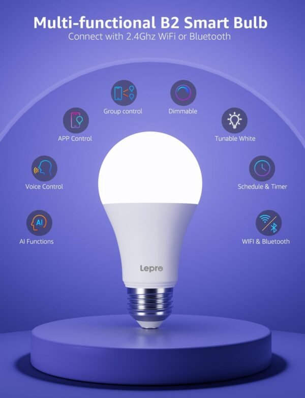 Lepro B2 AI Smart Light Bulbs - 1100LM WiFi & Bluetooth RGBWW Color Changing LED Bulb, Works with Alexa & Google Assistant, AI Generated Lighting, AI Voice Control, Music Sync, 2.4GHz Only, 2 Pack - Image 9