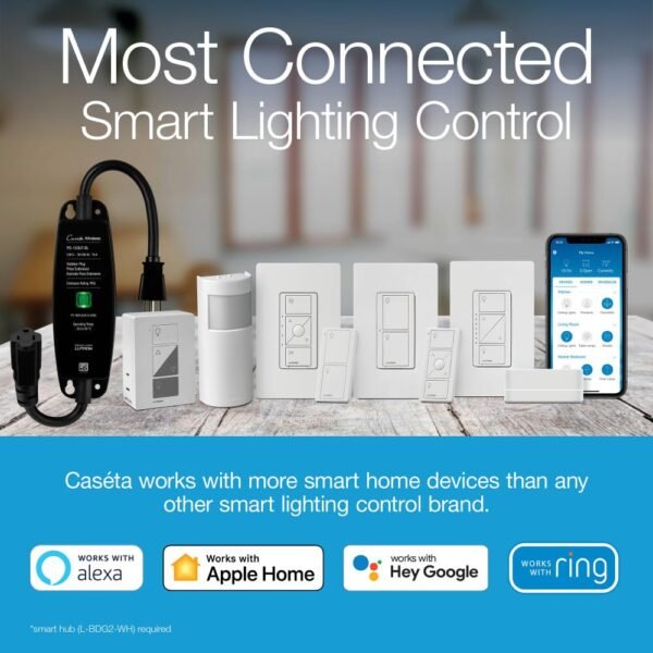 Lutron Caseta Smart Lighting Kit w/ Original Switch, Pico Remote, Wallplate, and More, for Light Bulbs, Works w/ Alexa, Apple Homekit, Google Home (Hub Required), 5A, Neutral Required, P-PKG1WS-WH - Image 2