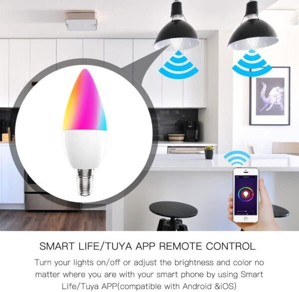 MoesGo Smart Candelabra Led Light Bulbs, WiFi E12 Smart Bulbs, 2700K-6500K CW& RGB Dimmable, Smart Life/Tuya APP Remote Control, Work with Alexa/Google Home, 470lm 5W (40W Equivalent) 2 Pack No Hub - Image 6