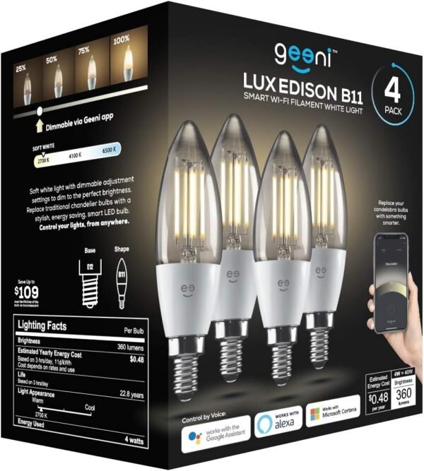 Geeni LUX Edison B11 Filament WiFi LED Smart Bulb, B11 Candelabra, 4W, E12 Base, Dimmable, White Light, Compatible with Amazon Alexa & Google Home - No Hub Required- 4 Pack - Image 8