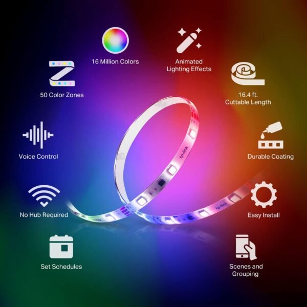 Kasa Smart LED Light Strip, 50 Color Zones RGBIC, 16.4ft Wi-Fi LED Strip Works w/ Alexa, Google Home & SmartThings, High Brightness, 16M Colors, PU Coating, Trimmable, 2 Yr Warranty (KL420L5) - Image 2