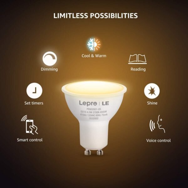 Lepro Alexa GU10 LED Light Bulbs - 50W Halogen Equivalent Smart GU10 Bulb Works with Alexa & Google Assistant,Voice and App Control,2700-6500K Tunable Track Light Bulb, No Hub Required, 2.4G WiFi Only - Image 7