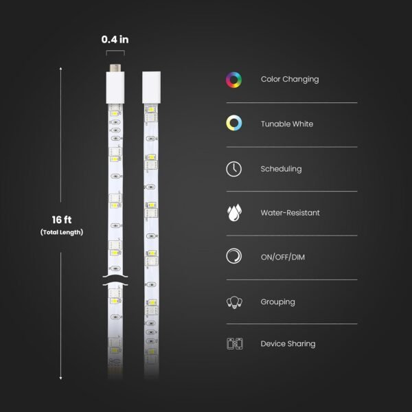 Feit Electric Smart Light Strip 16FT, Ultrathin RGBW Color Chasing LED Light Strip, 2.4GHz Wi-Fi Enabled, Works with Alexa and Google Home Assistant, Remote Control, (0.4in x 192in) TAPE192/CHASE/AG - Image 2