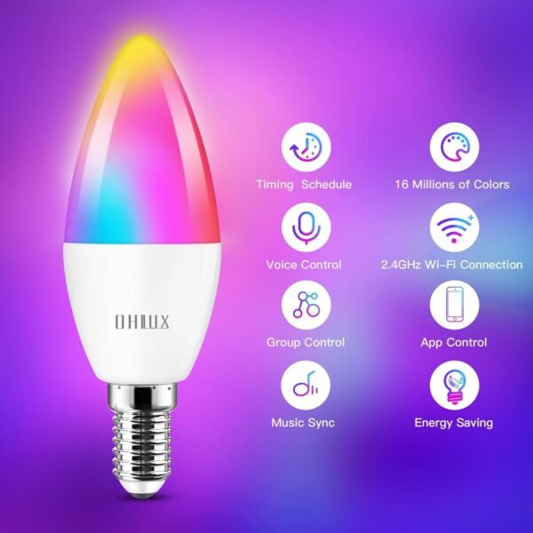 OHLUX 6 Pack E12 Smart Candelabra LED Light Bulbs, Color Changing Compatible with Google Alexa and Smart Life, 4W 40W Equivalent WiFi Candle Bulbs with Remote Control, Timer - Image 3