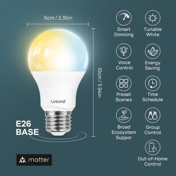 Linkind Matter Smart Light Bulb, Soft White to Daylight Tunable Smart Bulbs, Alexa Light Bulbs, Work with Apple Home, Alexa, Google Home, SmartThings, 2.4GHz Wi-Fi LED, A19 E26, 800LM, 60W (2-Pack) - Image 7