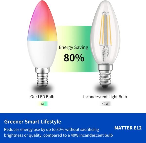 Homekit Smart Light, Matter LED Color Changing Candelabra Bulbs, E12 Base, 2.4G WiFi, 40W Equivalent, Dimmable, Apple Home, Alexa & Google Home, Tuya/Smart Life Compatible (1) - Image 9
