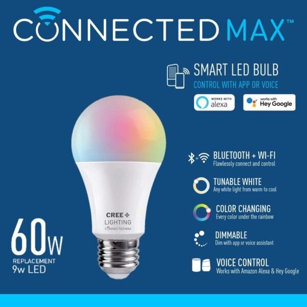 Cree Lighting Connected Max Smart Led Bulb A19 60W Tunable White + Color Changing, 2.4 Ghz, Works with Alexa and Google Home, No Hub Required, Bluetooth + WiFi, 1Pk - Image 2