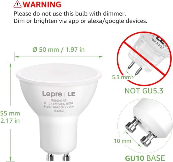 Lepro Alexa GU10 LED Light Bulbs - 50W Halogen Equivalent Smart GU10 Bulb Works with Alexa & Google Assistant,Voice and App Control,2700-6500K Tunable Track Light Bulb, No Hub Required, 2.4G WiFi Only - Image 4