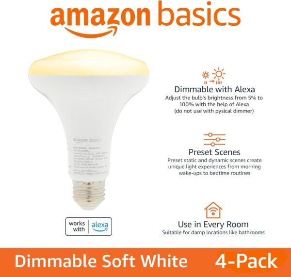 Amazon Basics Smart BR30 LED Light Bulb, Dimmable Soft White (2700K), 60W Equivalent, 800LM, Works with Alexa Only, 2.4 GHz Wi-Fi, No Hub Required, 4 Pack - Image 2